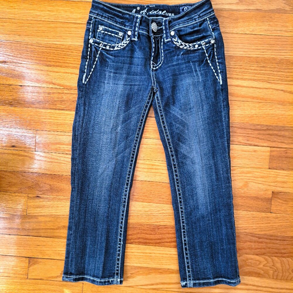 LA Idol USA Women's Capris Size 0 Dark Wash Bling Rhinestone Thick Stitch Denim